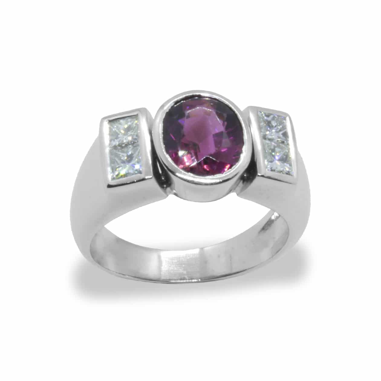 Ring with rubellite tourmaline and diamonds in 18K white gold; handmade.  Exclusive piece.